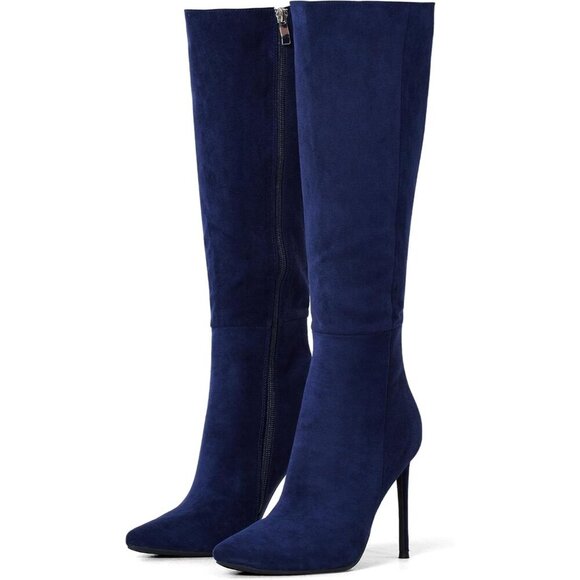 Shoes - Women's Navy Blue Leather Suede Knee High Stiletto Tall Pointed Toe Stylish Boot